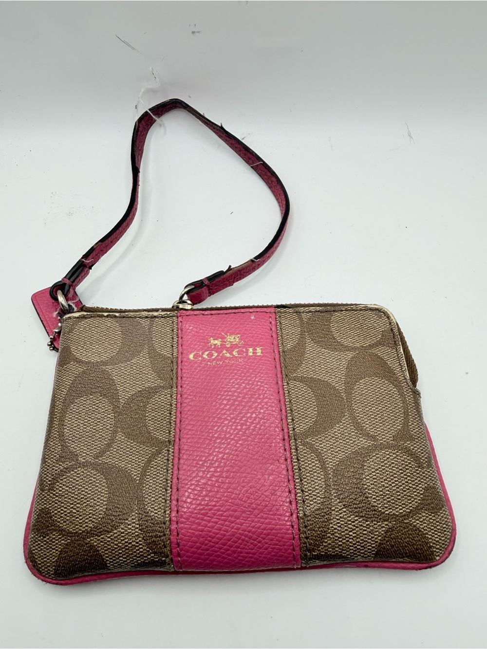 Coach Brown Signature Wristlet with Pink Leather Trim
